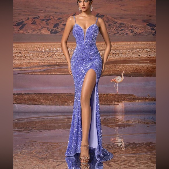 Luxe purple slit thigh sequins party dress